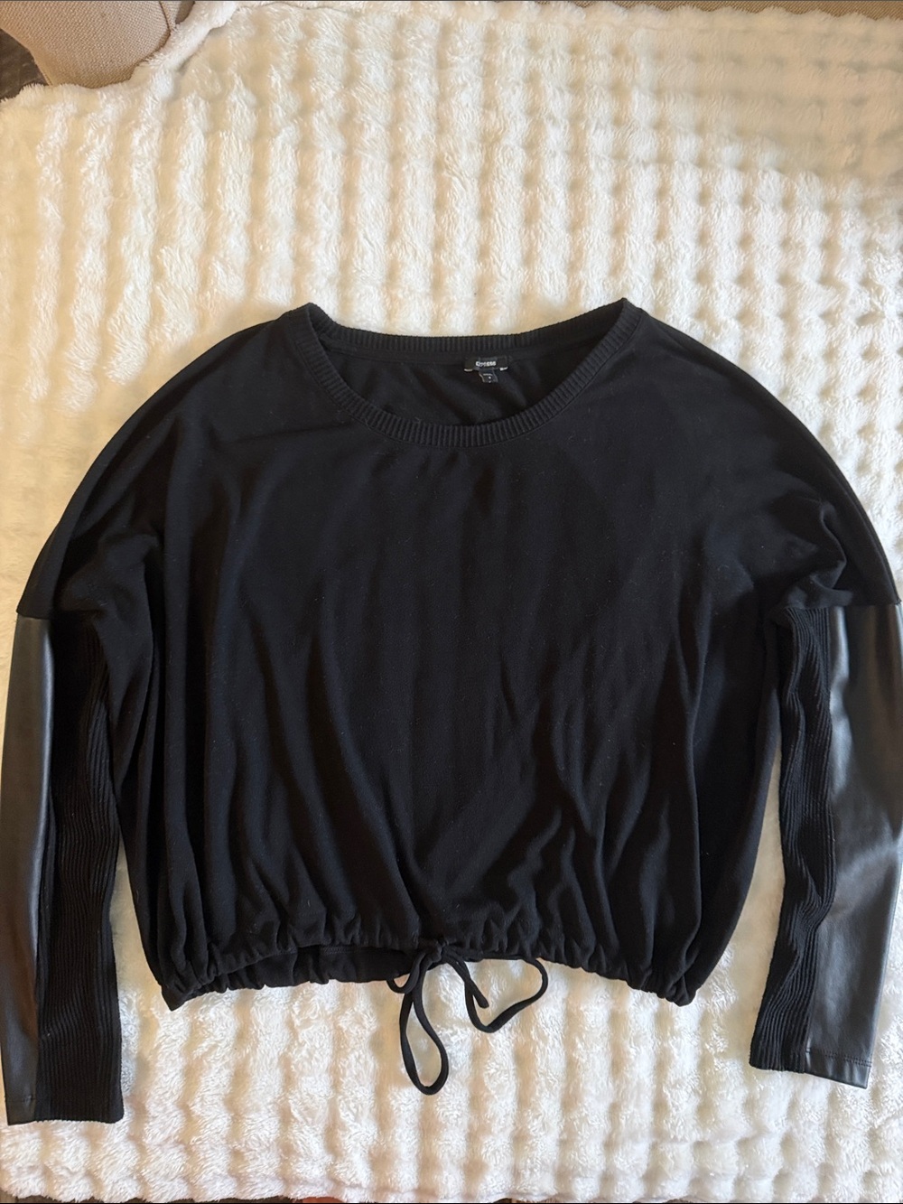 Express Black Drawstring-Hem Sweater with Leather & Ribbed Trim Sleeves